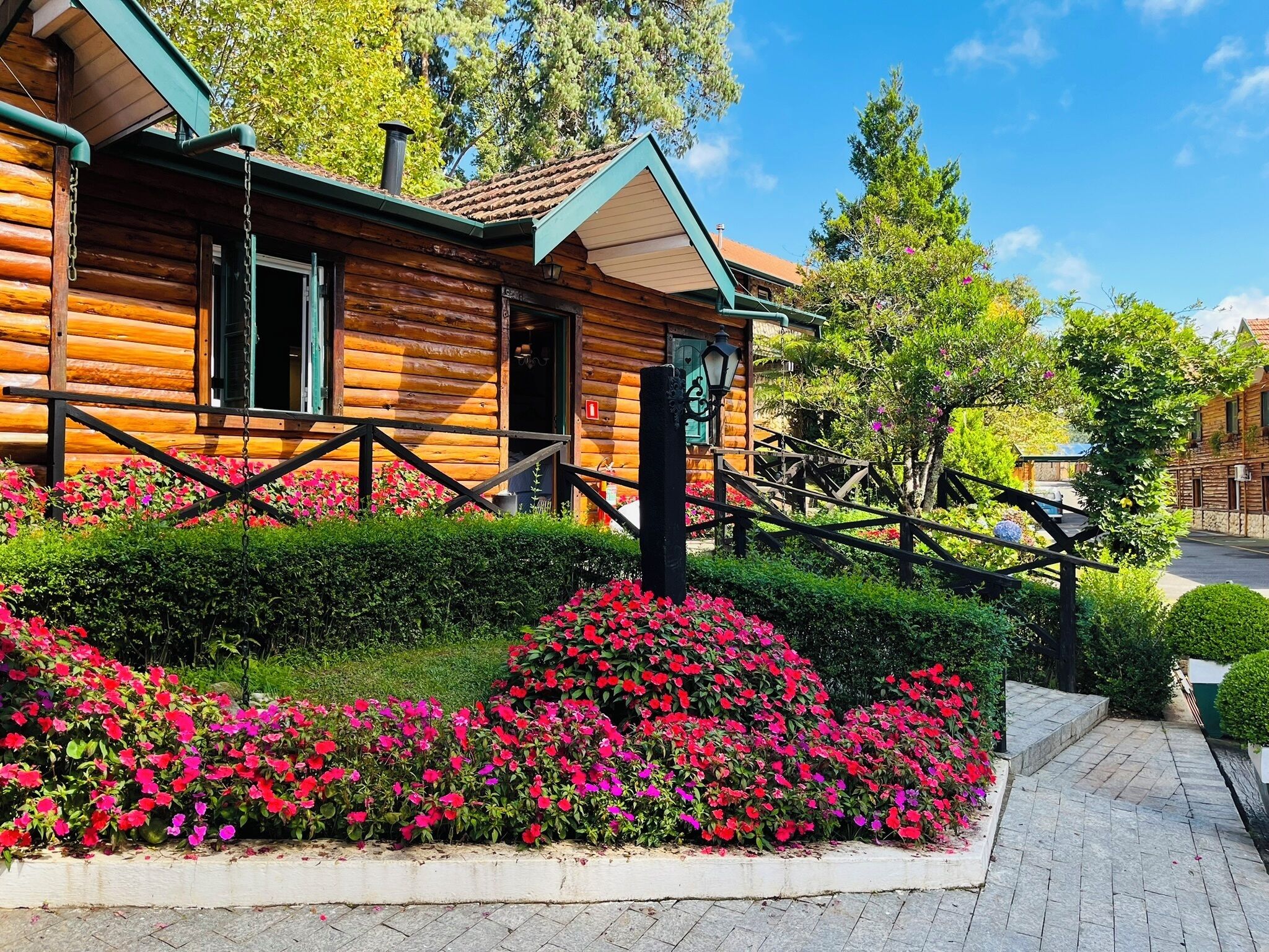 A log cabin with a porch, surrounded by a garden with red flowers.