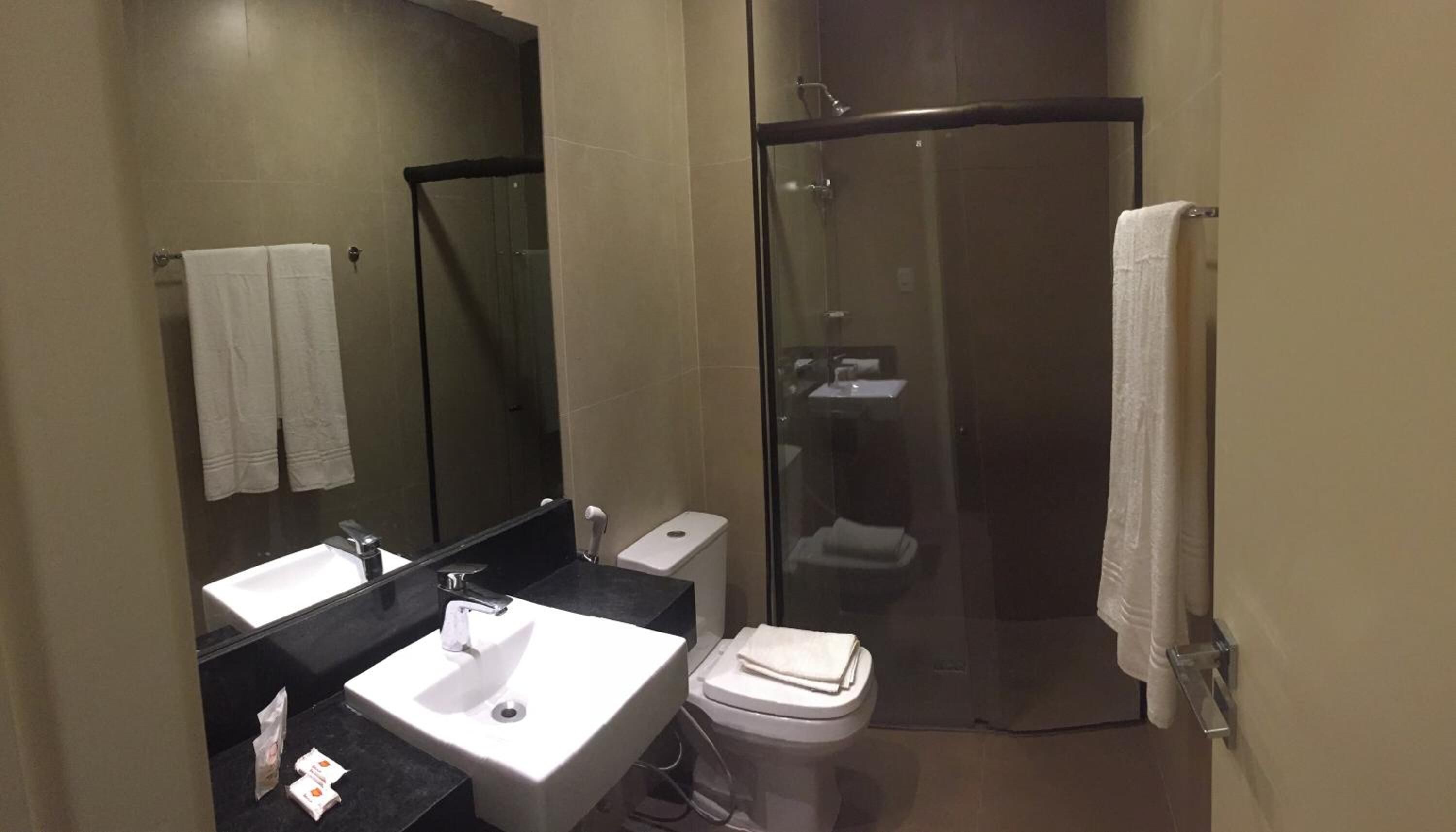 A modern bathroom with a glass-enclosed shower, a white sink, and a toilet.