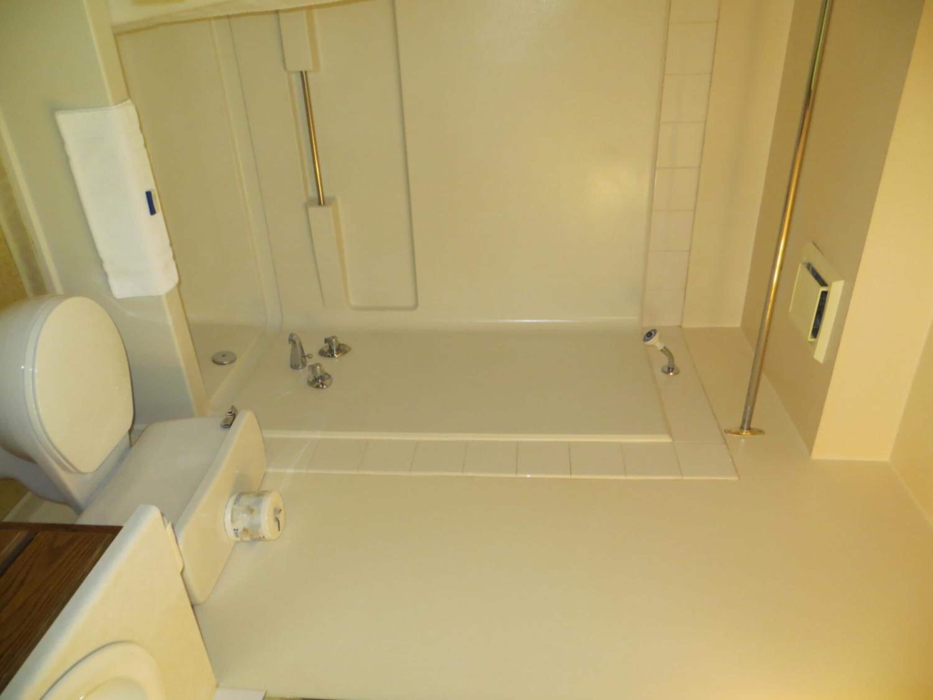 Combined shower/tub, hair dryer, towels, soap