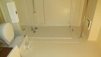 Combined shower/tub, hair dryer, towels, soap
