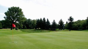 A golf course with a flagstick, well-maintained grass, and a variety of trees in the background. - Sunset Motel (Fort Macleod)