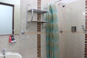 Shower, free toiletries, hair dryer, towels