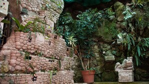 A stone wall with potted plants and a stone sculpture. - Nativus Hostel Machu Picchu (Machu Picchu)