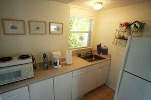 Fridge, microwave, coffee/tea maker, cookware/dishes/utensils