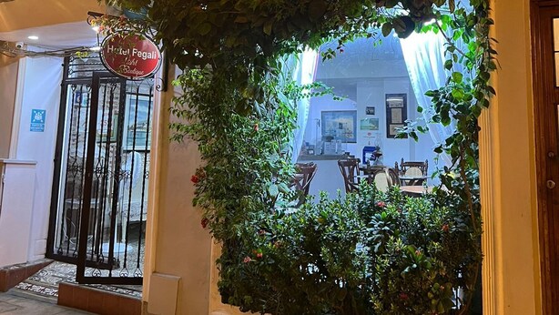 L’entrée d’un hôtel, avec un portail en fer forgé, une enseigne indiquant « Hôtel Fegali », et un balcon donnant sur la rue.