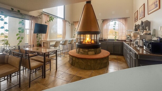 Una sala de estar acogedora con chimenea de piedra, comedor, cocina y ventanas amplias con cortinas.