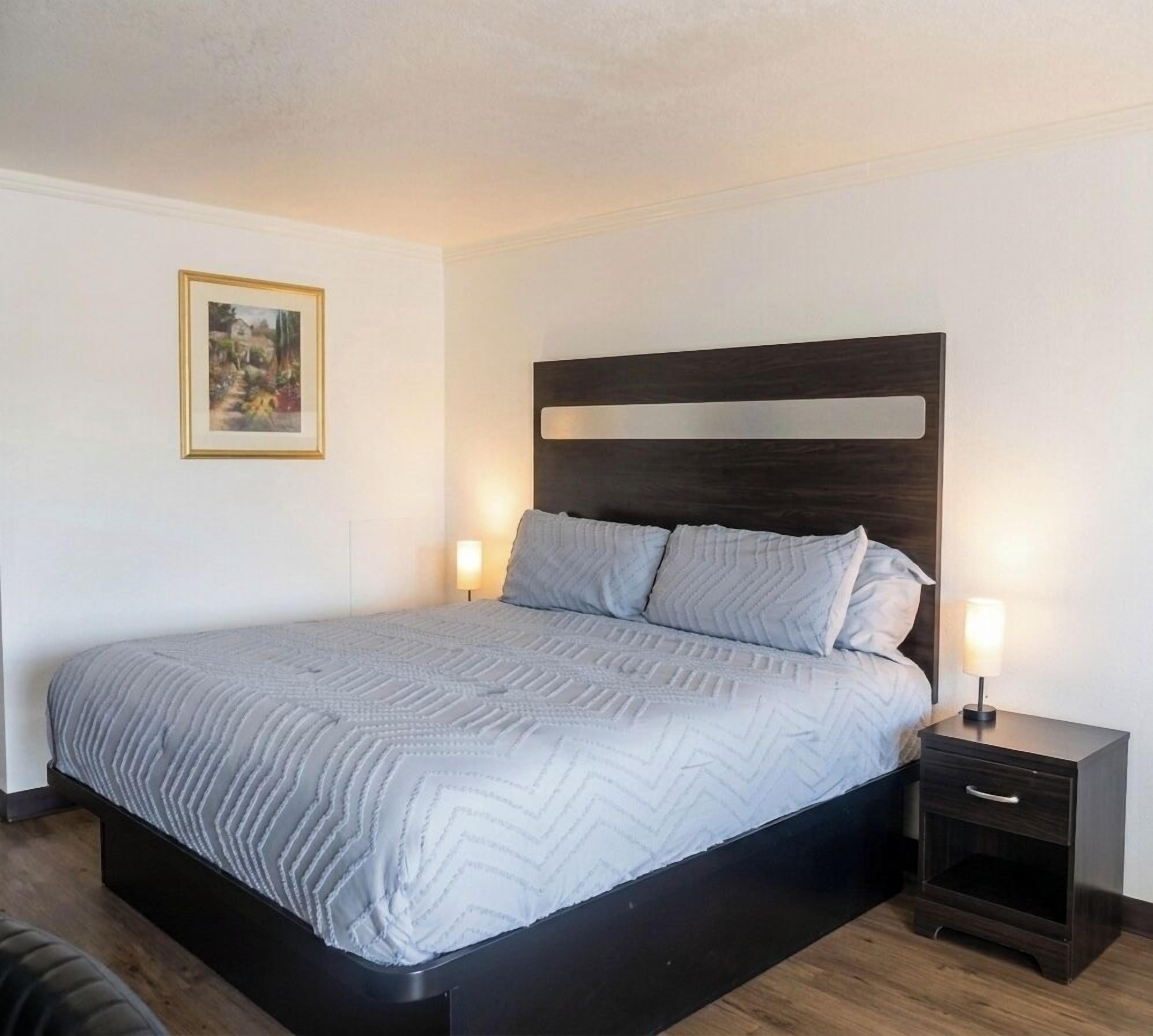A neatly made bed with a dark headboard, two bedside tables with lamps, and a framed picture on the wall.