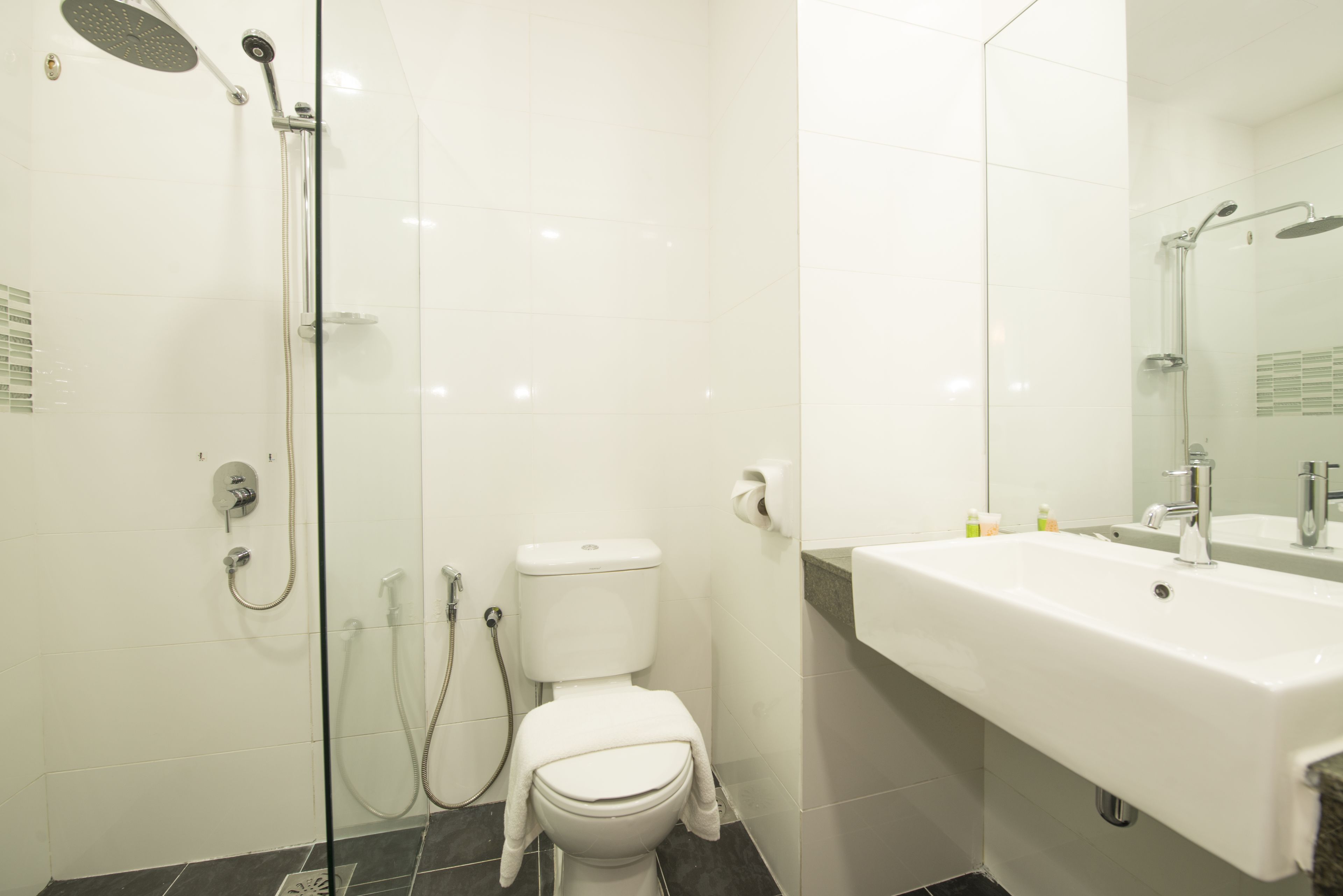 A modern bathroom with a glass-enclosed shower, a white toilet, and a sink with a mirror.