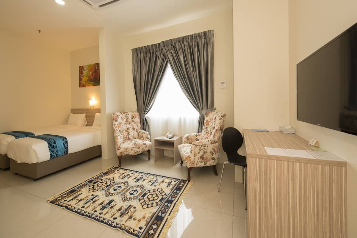 Habitación de hotel con cama, dos sillas, un escritorio, un televisor y un tapete estampado.