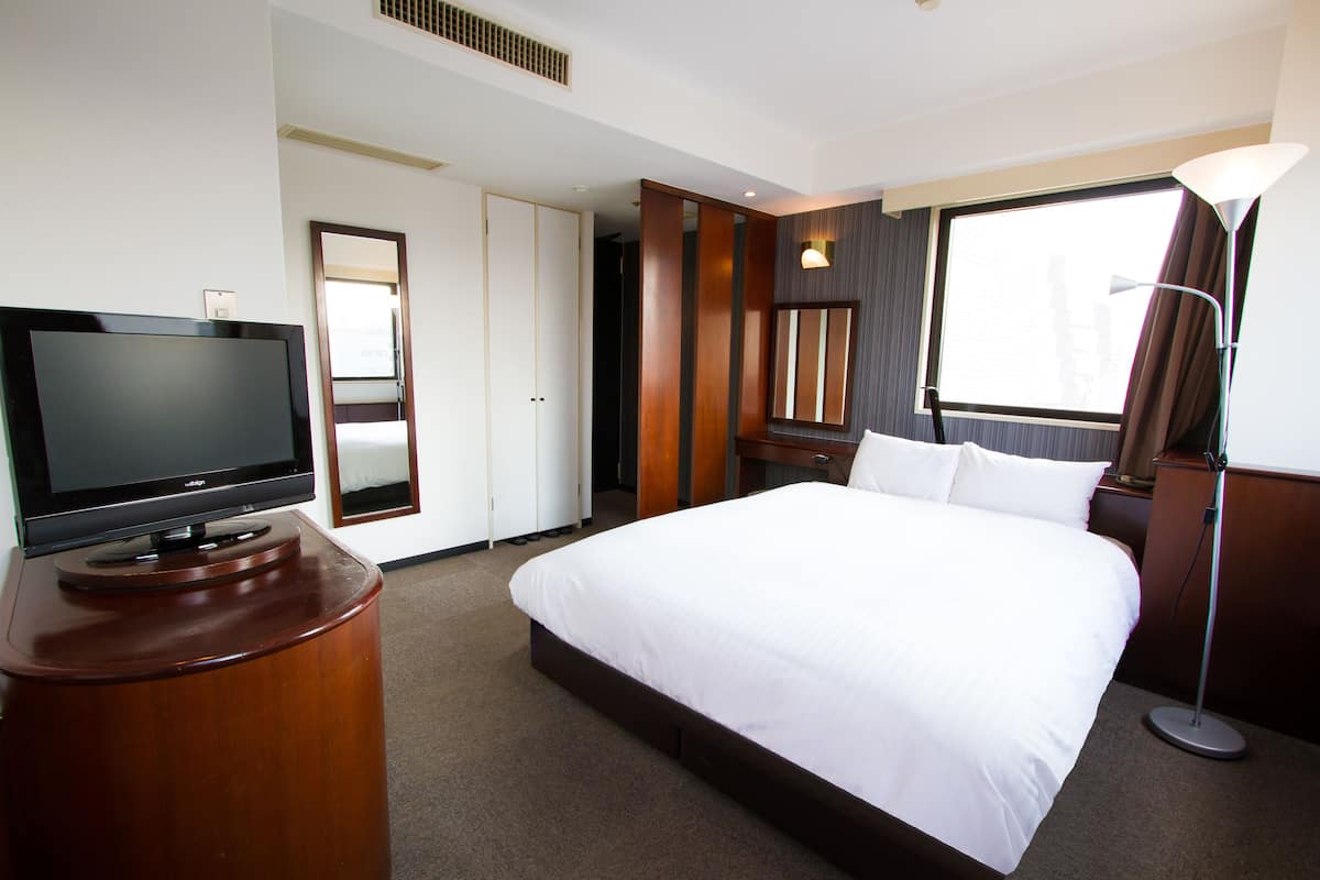 Une chambre d’hôtel avec un lit, un téléviseur posé sur un meuble en bois, un miroir, une fenêtre avec des rideaux et une lampe sur pied.