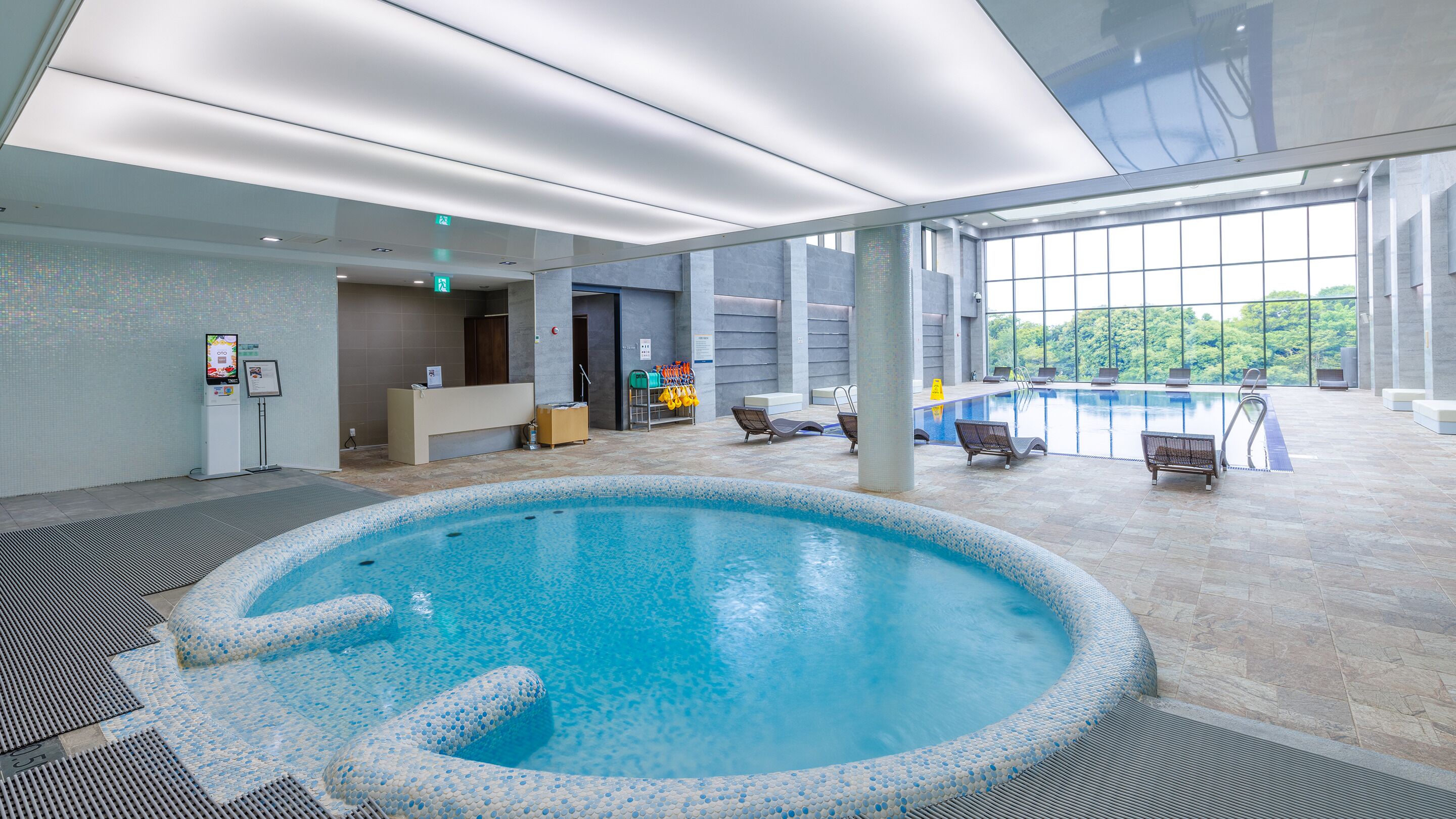 indoor pool, open 9 am to 8 pm, pool loungers