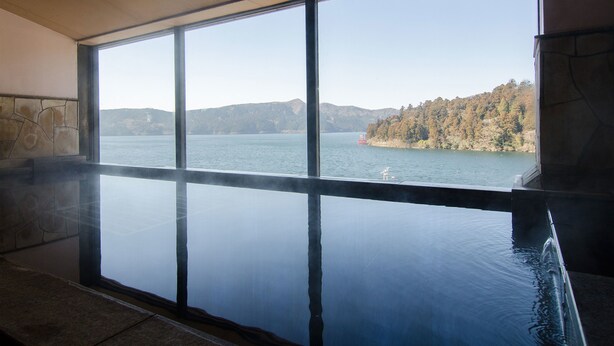 A room with a large window overlooking a lake and a forested hill. - Hotel Musashiya (Hakone)