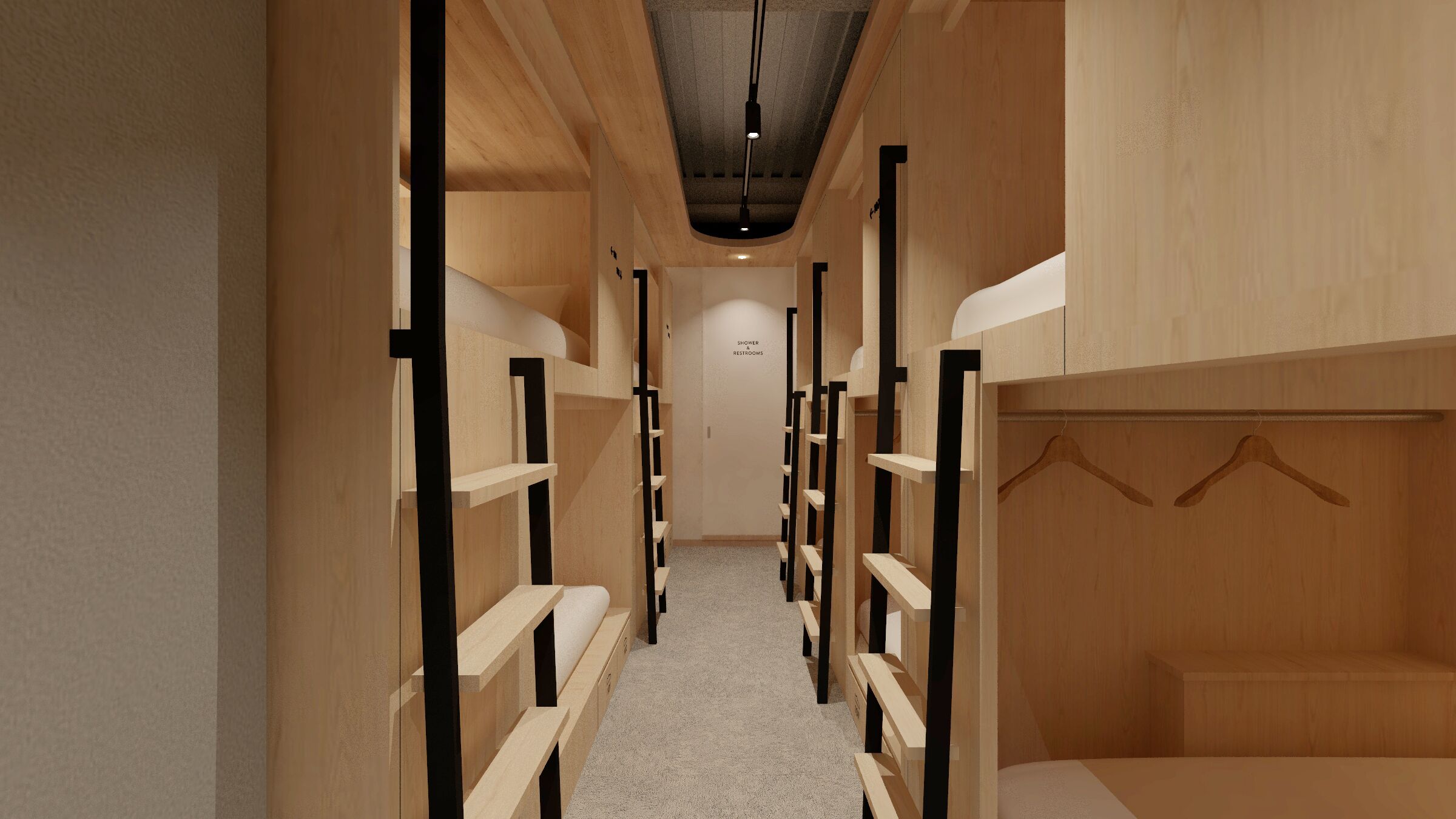 A narrow hallway with wooden lockers and benches, leading to a door labeled 'Shower Restrooms.'