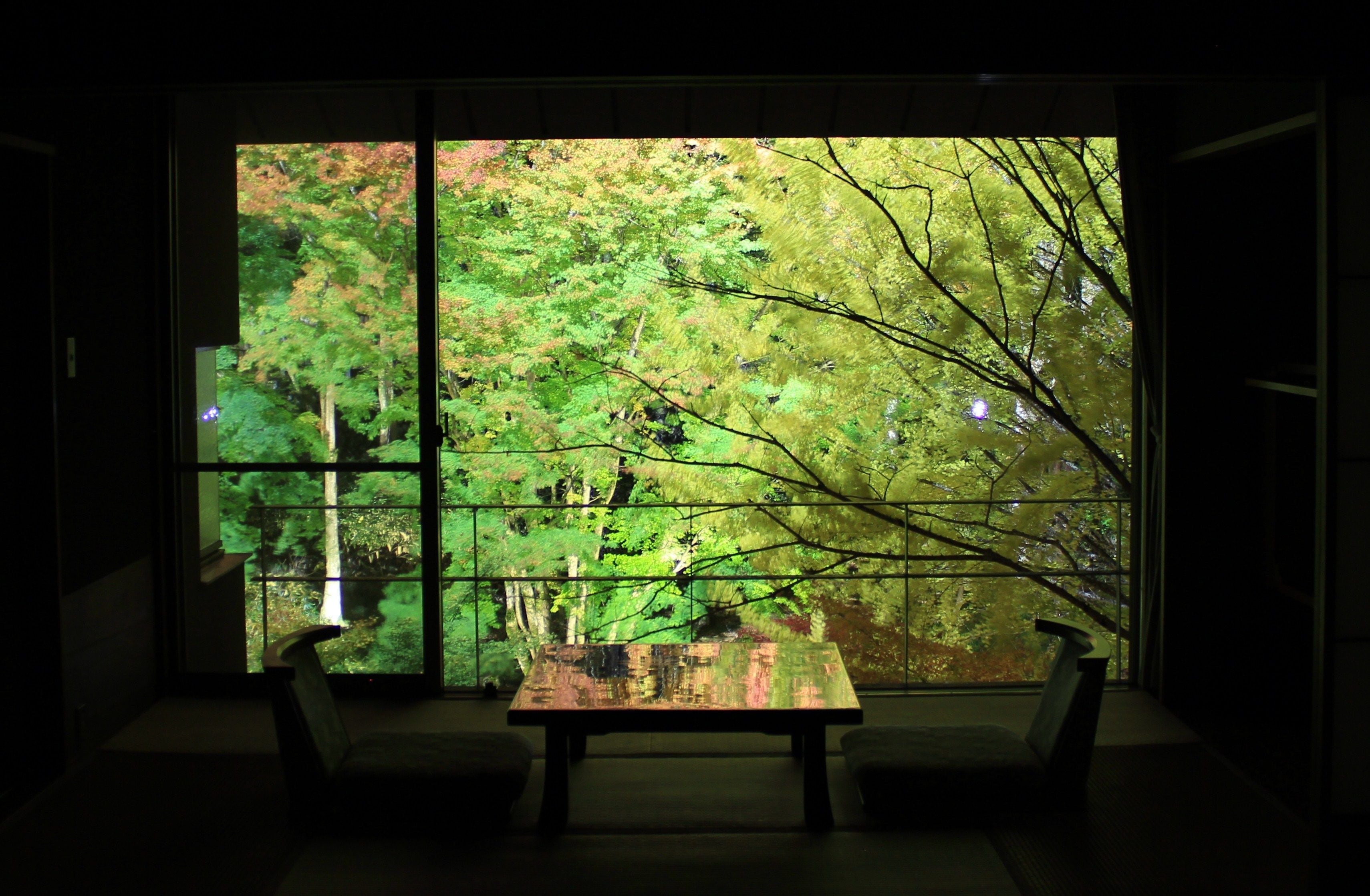 A room with a large window offering a view of a forest. There is a table and two chairs in the room.
