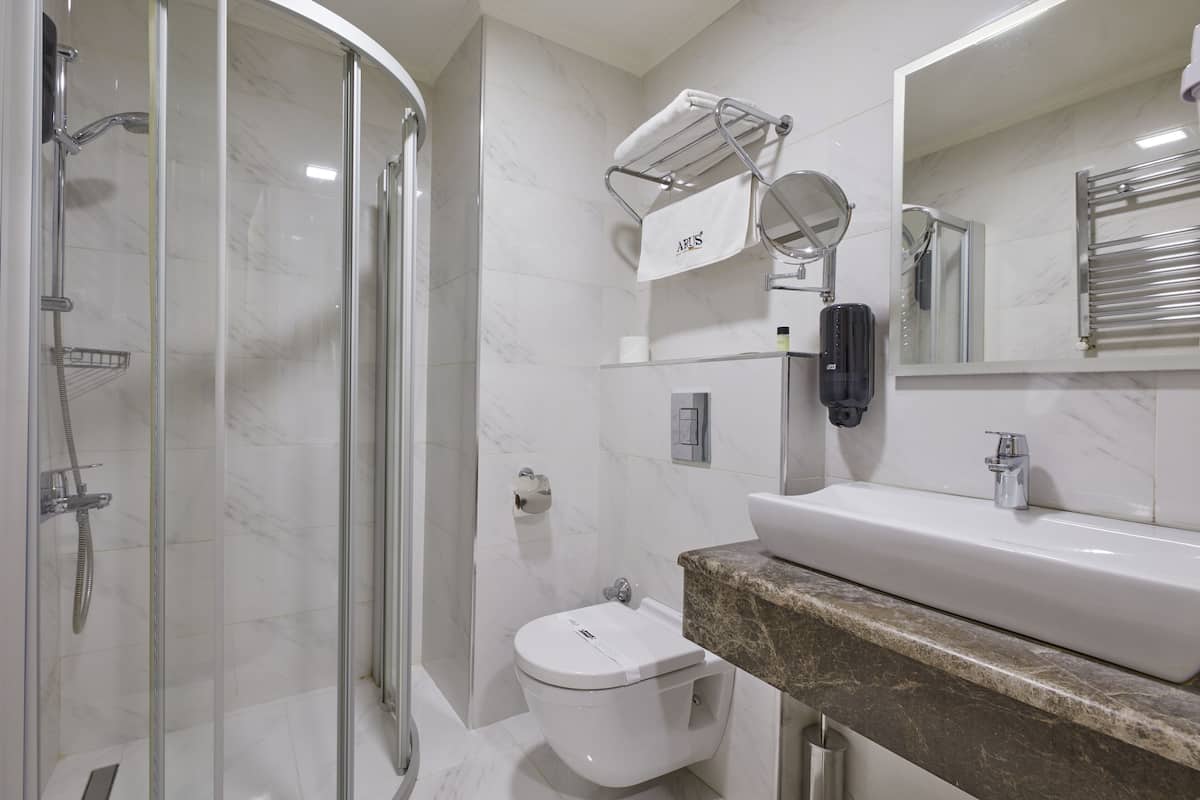 deluxe room, 1 queen bed with sofa bed | bathroom | shower, rainfall showerhead, free toiletries, hair dryer