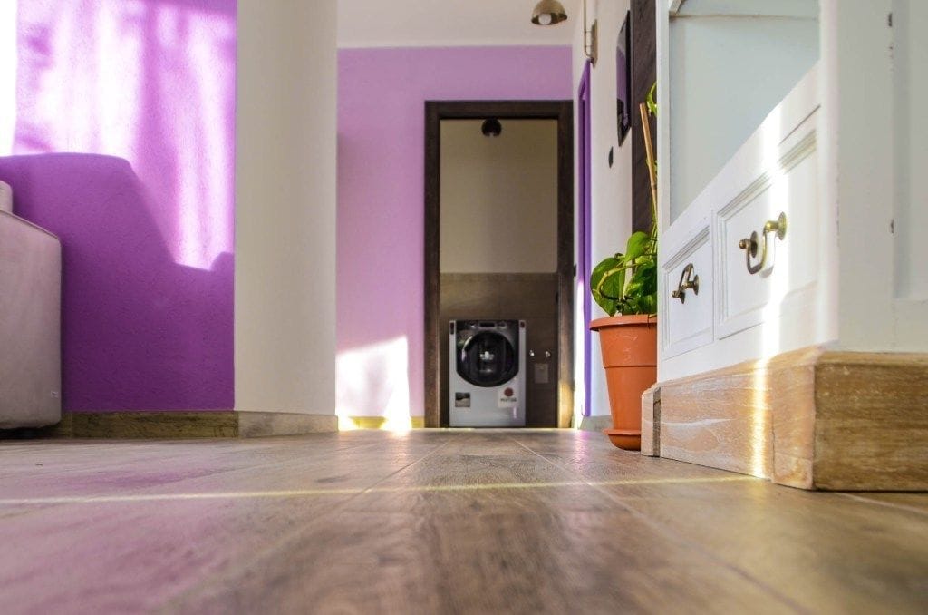 Ein Flur mit einer Waschmaschine, einem Topfpflanzen und einer Tür zu einem anderen Zimmer.