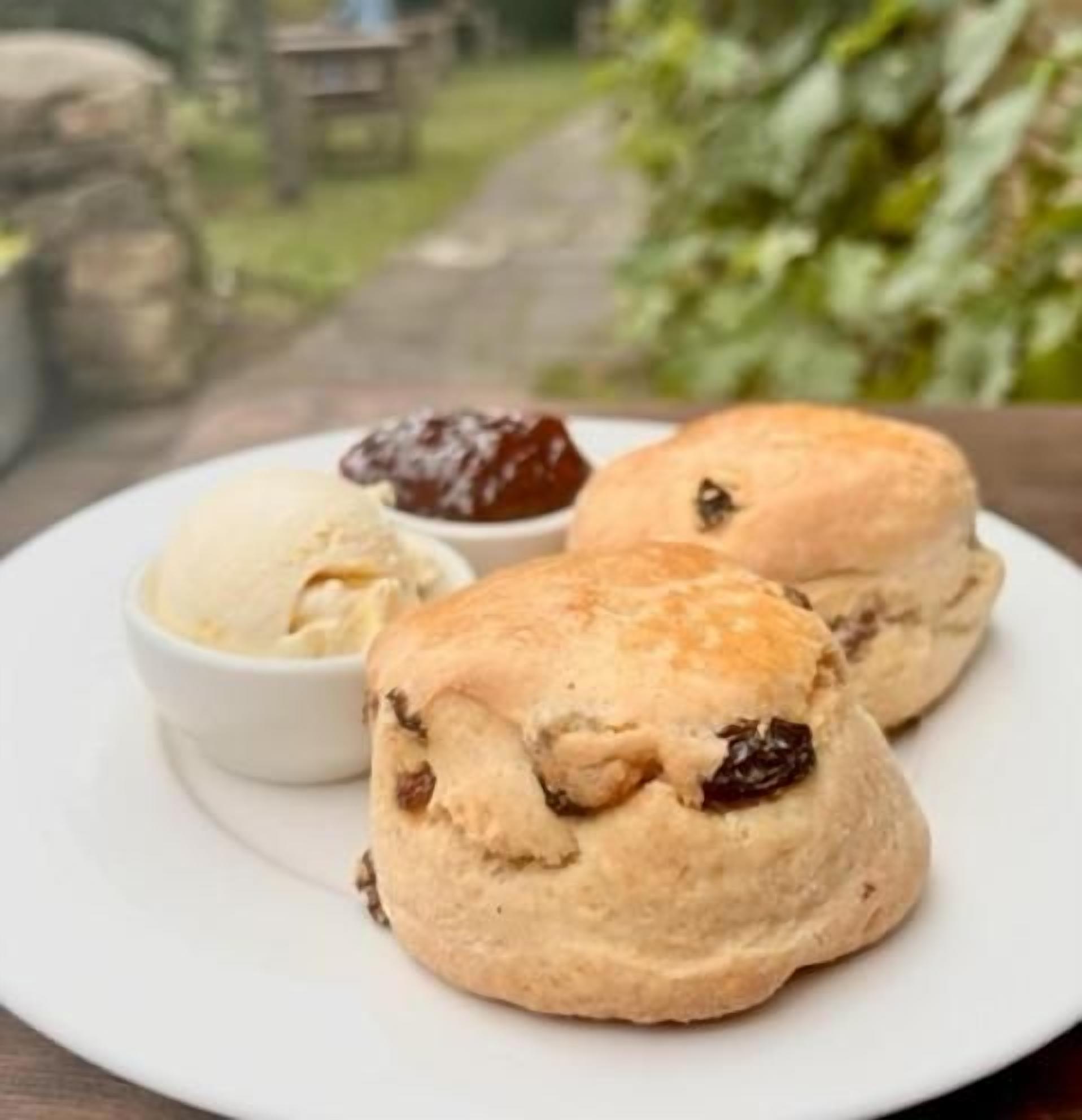A plate with two scones and a small bowl of jam.