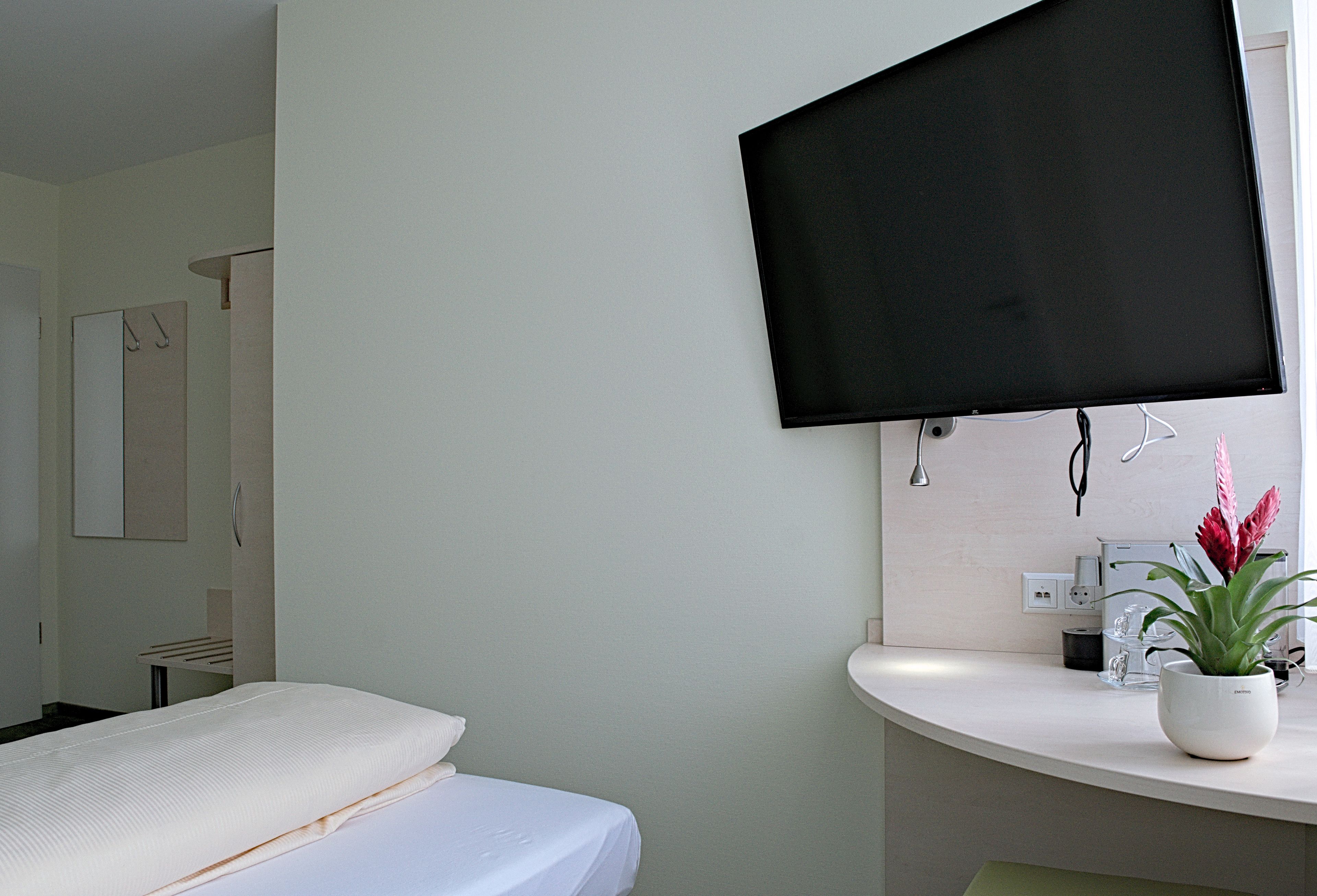 Habitación de hotel con cama, televisor montado, lavamanos y planta en maceta.