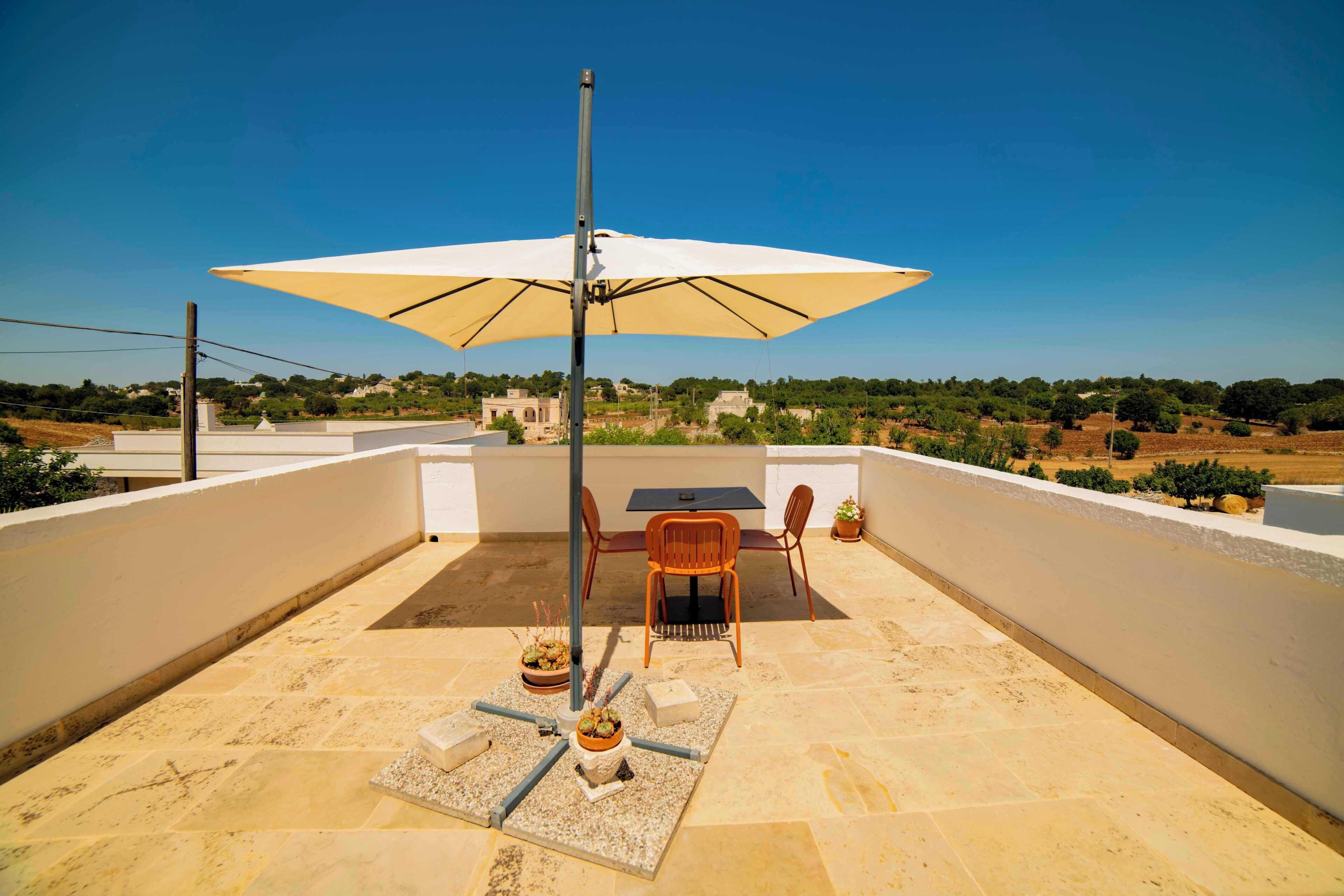 Eine Dachterrasse mit Tisch, Stühlen, Sonnenschirm und Topfpflanzen.