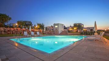 Seasonal outdoor pool, pool umbrellas, pool loungers