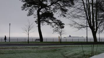 A park with a bench, a person walking, and a view of the sea.