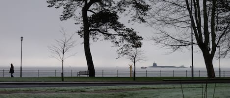 A park with a bench, a person walking, and a view of the sea.