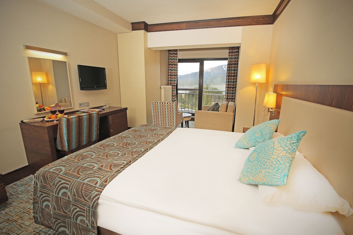 A hotel room with a large bed, a desk with a chair, a television, and a view of mountains through the window.