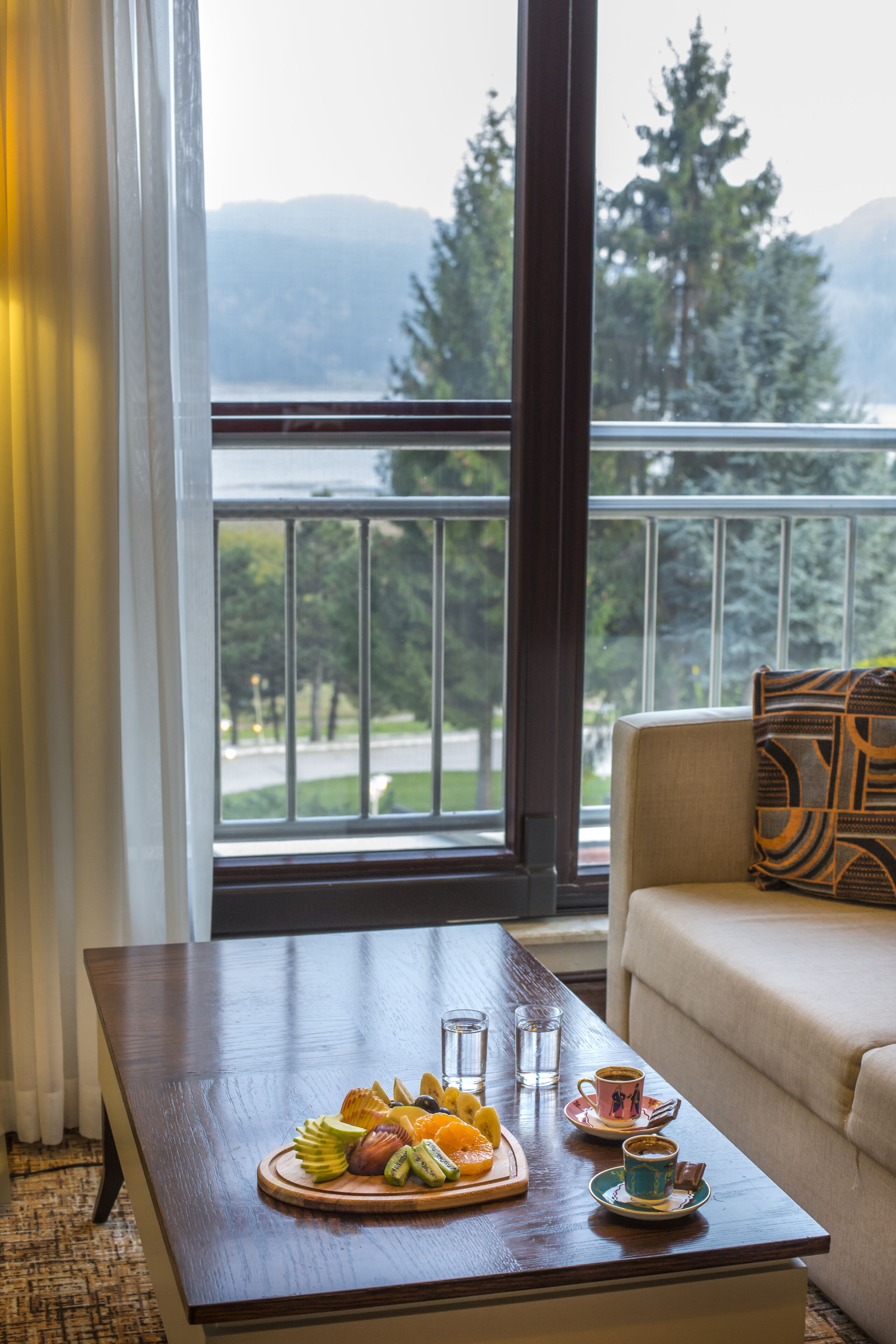 A dining table with a fruit platter and coffee cups, a sofa with patterned cushions, and a view of trees and mountains through a window.