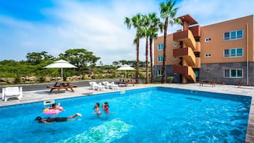 2 outdoor pools, open 9:00 AM to 10:00 PM, pool loungers