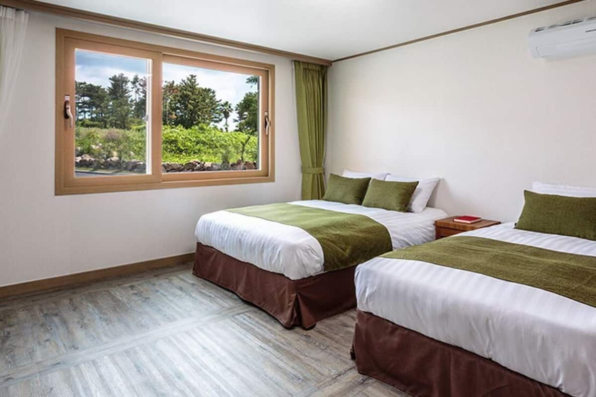 Une chambre d’hôtel avec deux lits, une fenêtre avec des rideaux, un appareil de climatisation et un téléviseur fixé au mur.
