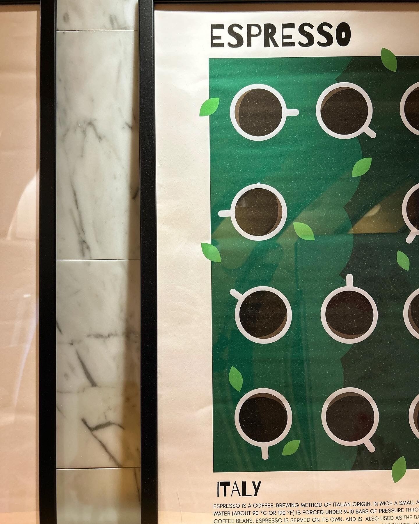Un cartel enmarco con tazas de espresso sobre un fondo verde y un diseño de hoja, con la etiqueta 'ESPRESSO' y 'ITALIA'.