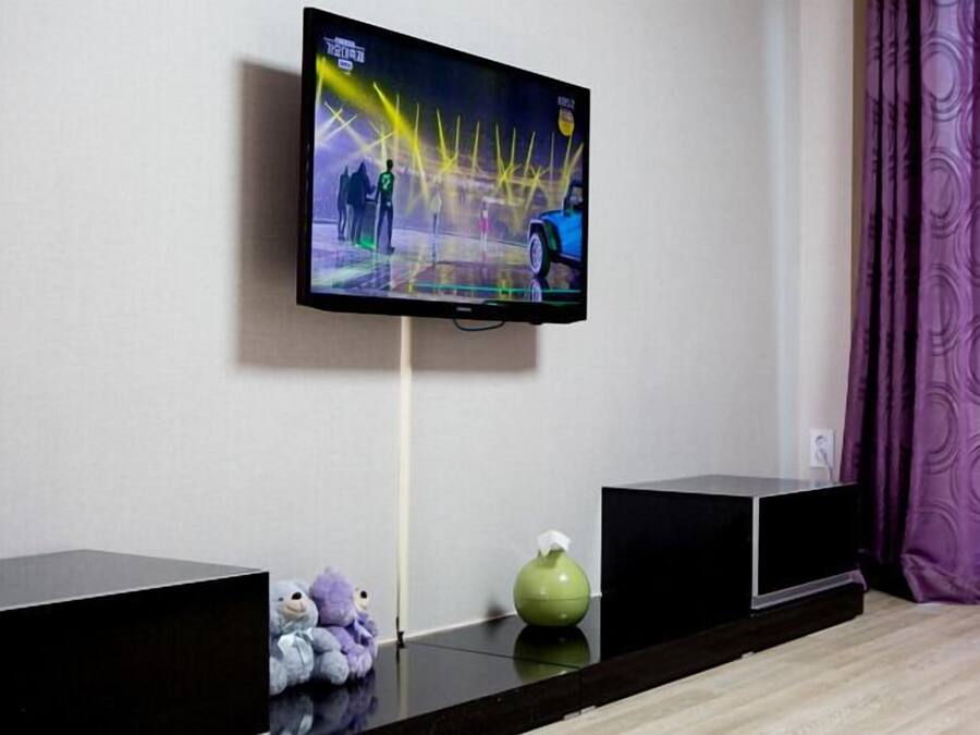 A flat-screen TV mounted on a wall, two black speakers, a green vase, and a purple curtain.