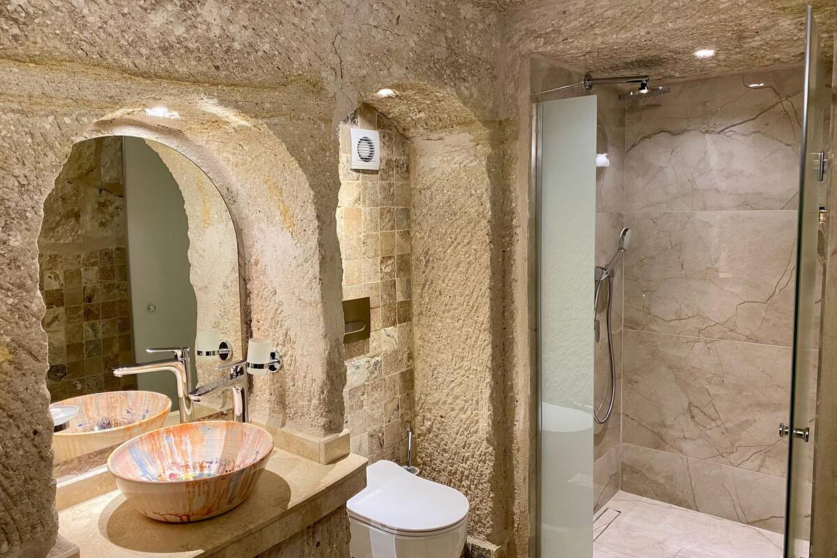 deluxe room | bathroom | shower, rainfall showerhead, free toiletries, hair dryer