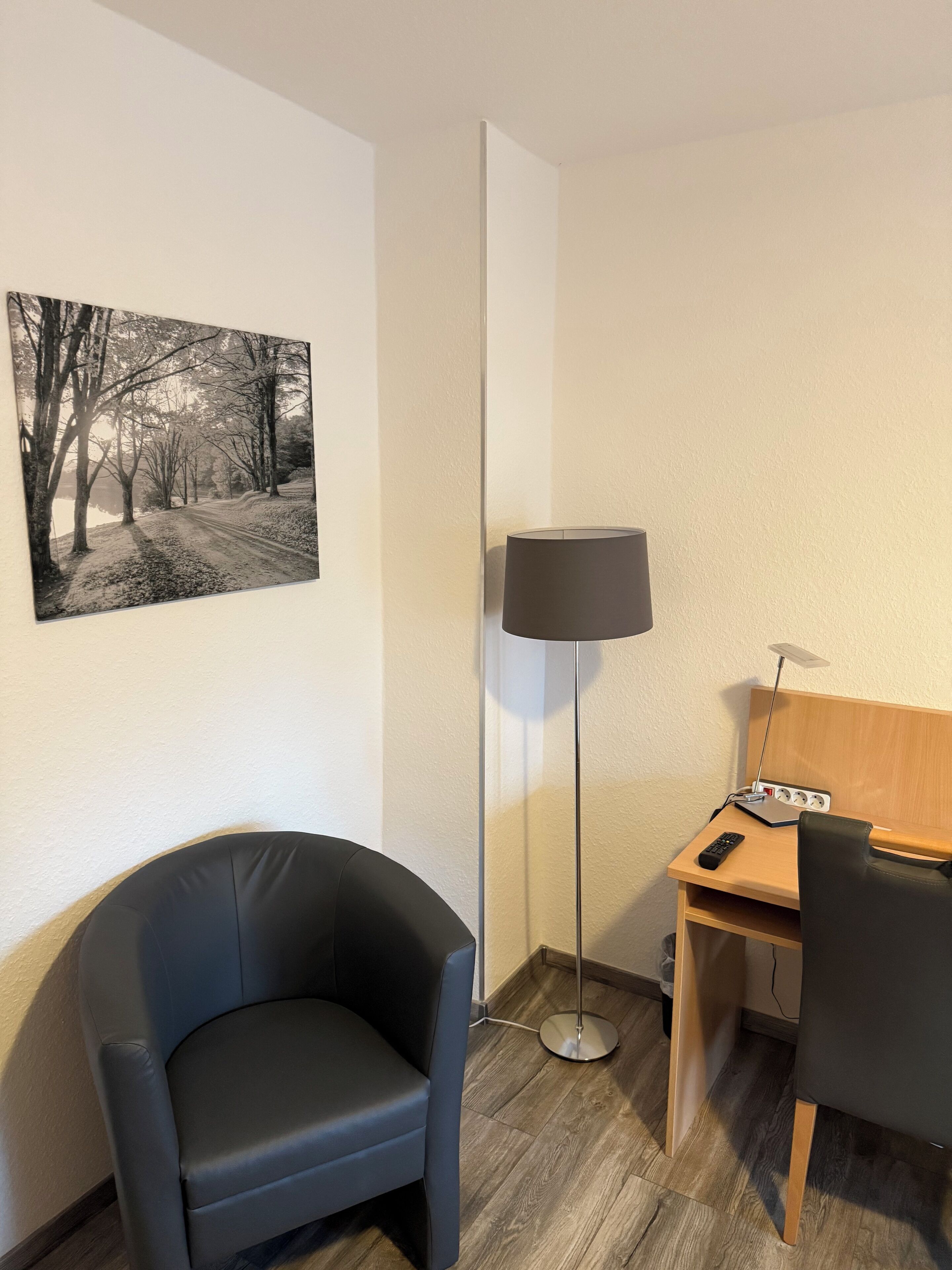 A hotel room with a desk, a chair, a floor lamp, and a painting of a forest path.