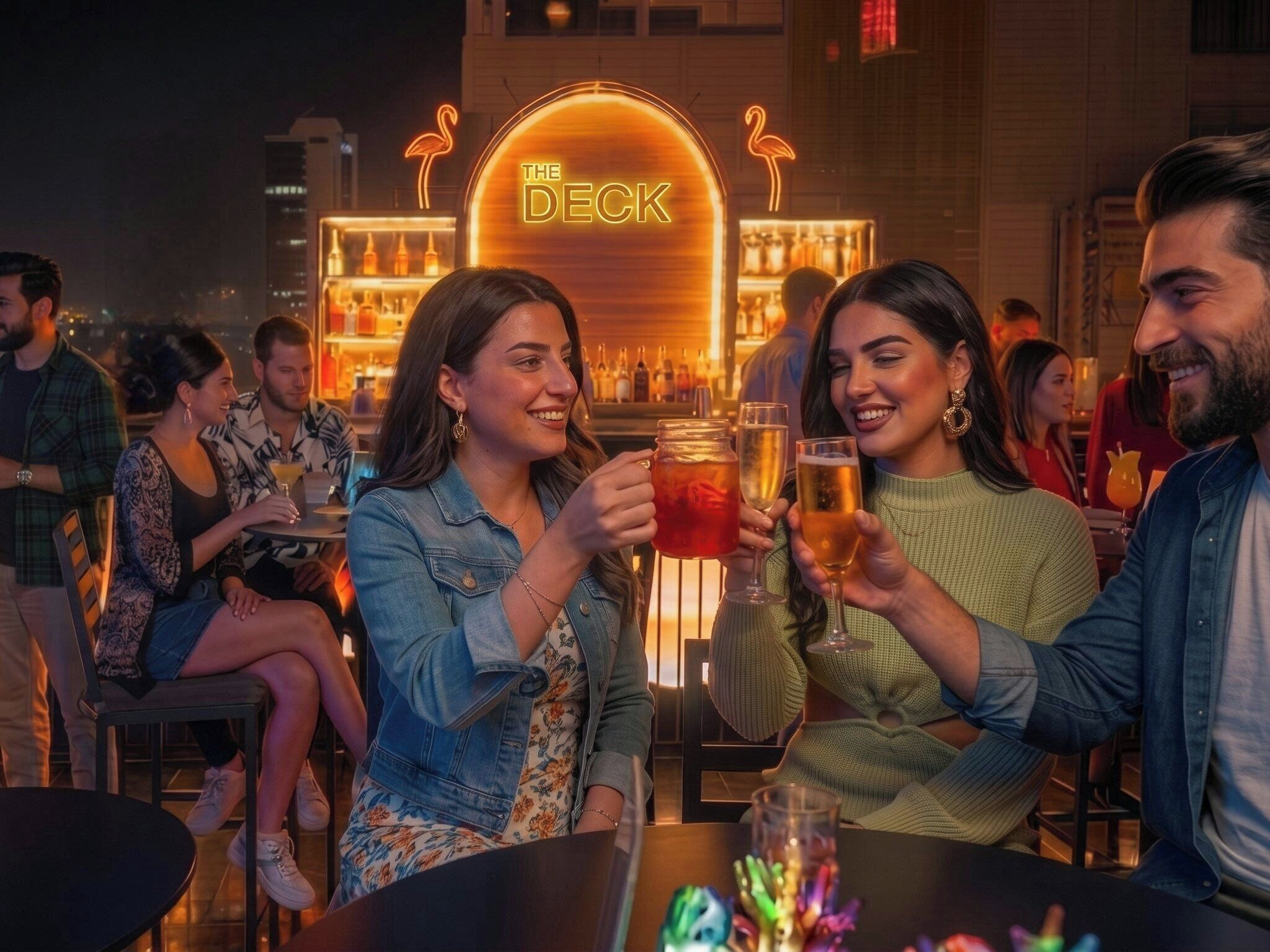 Eine Bar mit einem Neonlichtschild mit der Aufschrift 'THE DECK' und Personen, die mit Getränken anstoßen.