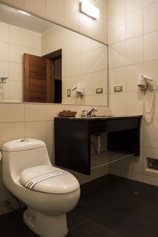 A bathroom with a toilet, sink, and mirror.