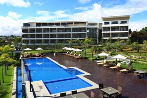 Outdoor pool, pool umbrellas, pool loungers