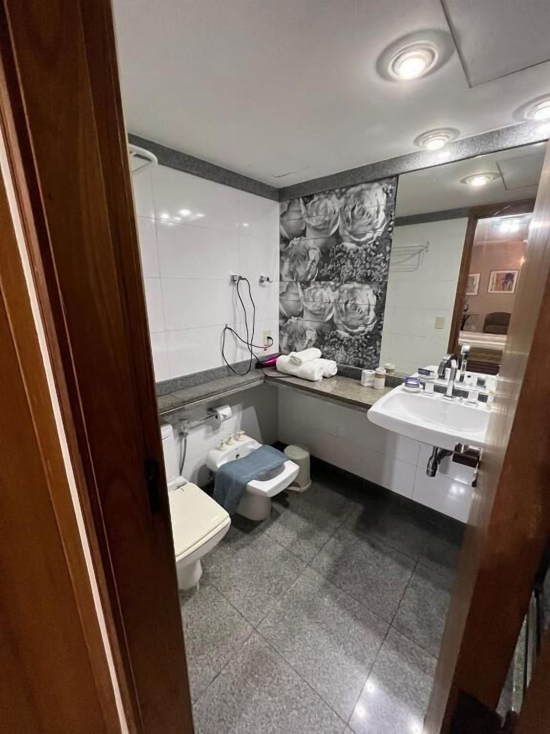 A bathroom with a toilet, sink, and mirror.