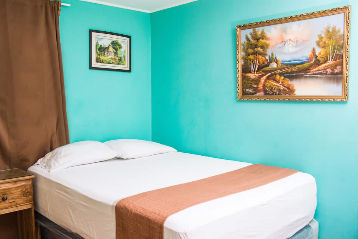 A bedroom with a bed, a nightstand, a brown curtain, and two framed pictures on the wall.