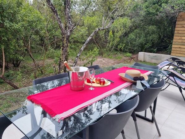 An outdoor dining area with a glass table, metal chairs, and a red tablecloth. There is a bottle of champagne, a glass, and a plate with food and a hat on the table.