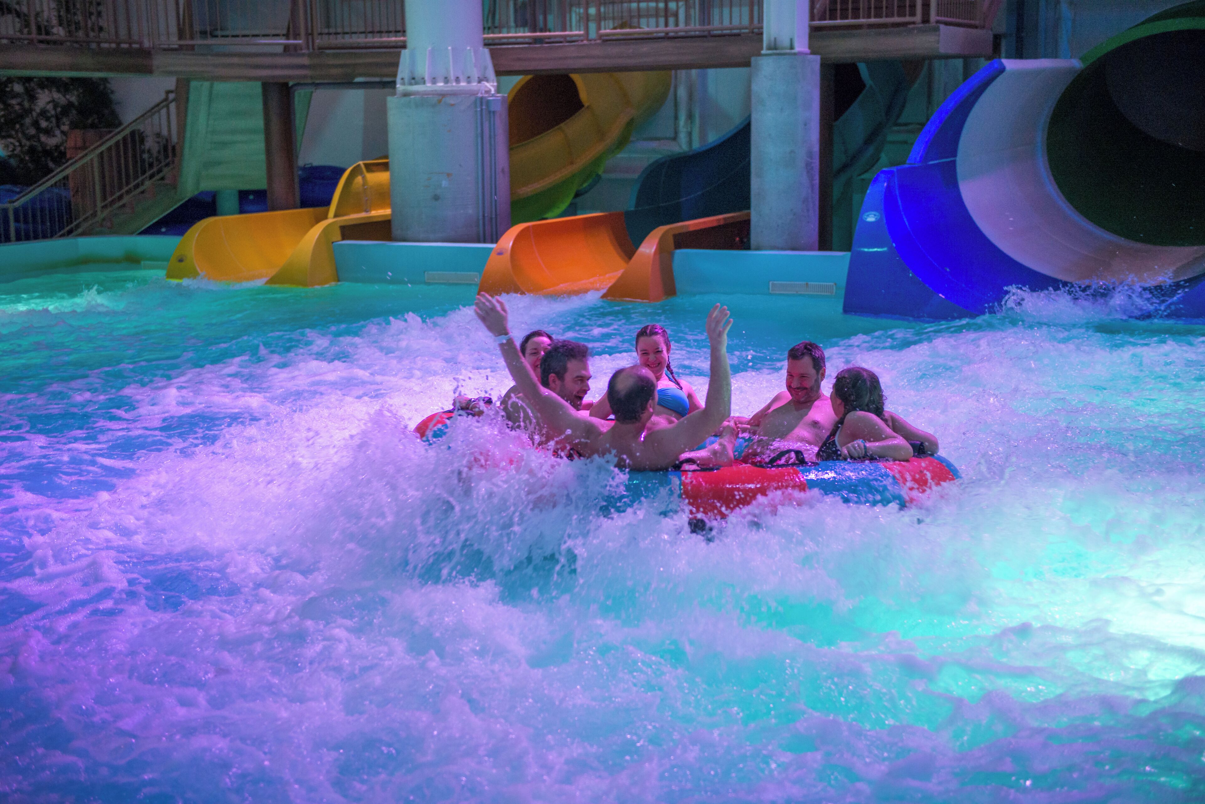 A water park with slides and water features.