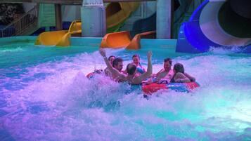 A water park with slides and water features.