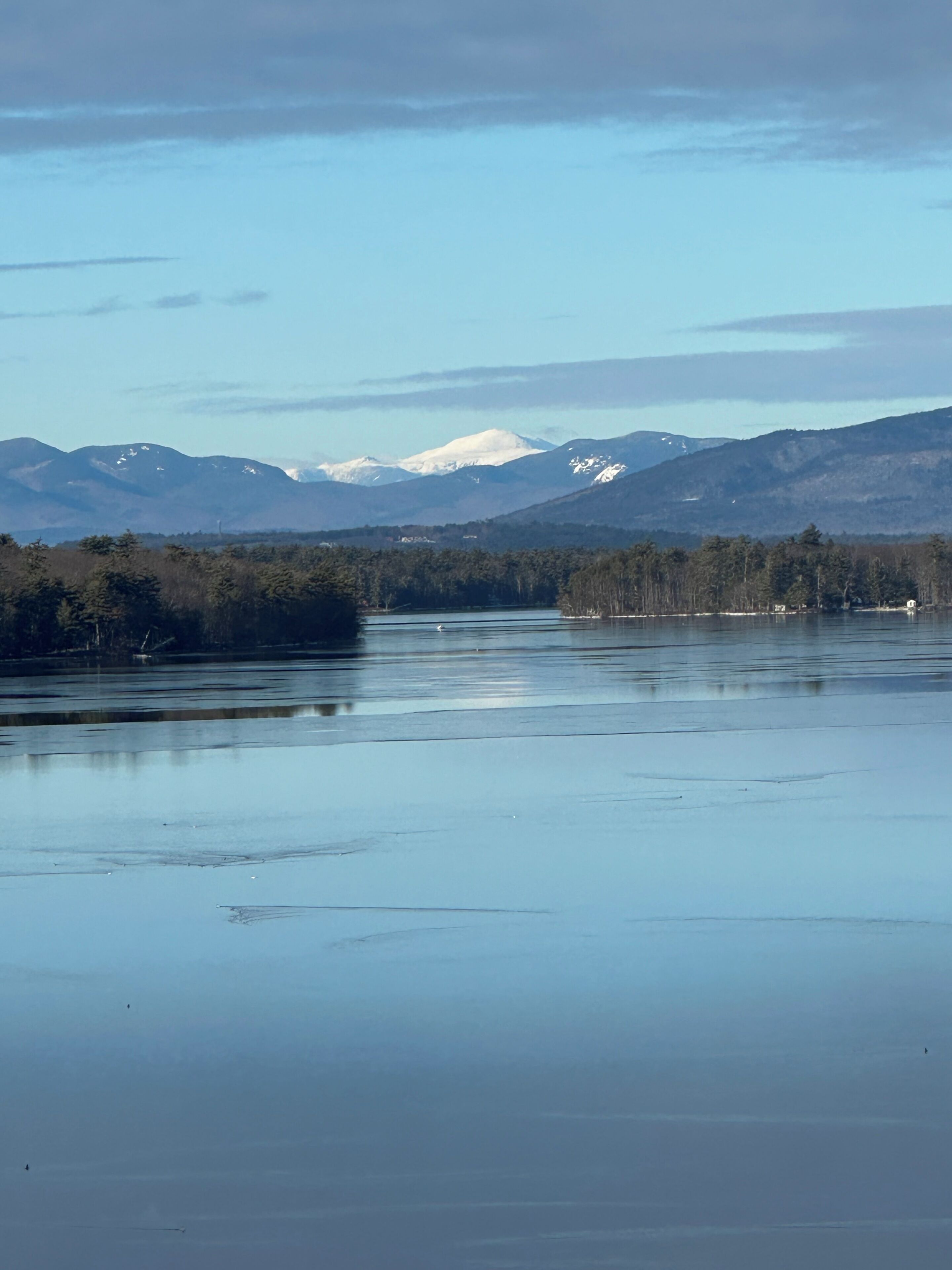 Um lago calmo com montanhas ao fundo e uma linha de costa arborizada.