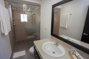 Premium-sviitti, 1 suuri parisänky | Kylpyhuone | Suihku, ilmaiset hygieniatuotteet, hiustenkuivaaja, pyyhkeet