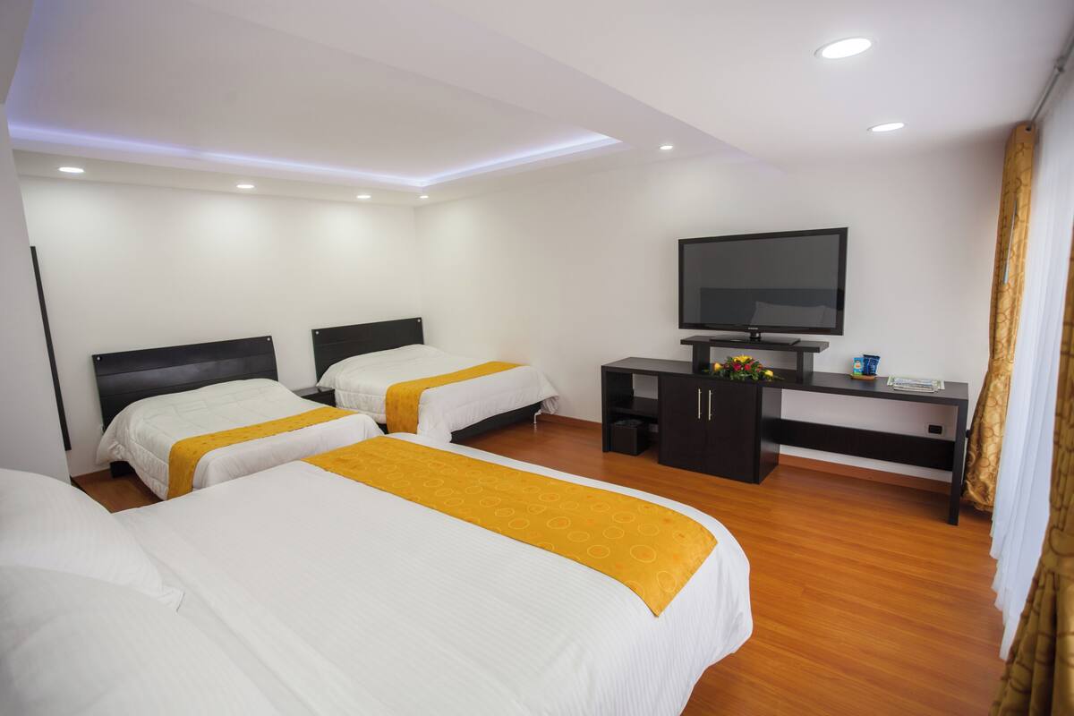 Una habitación de hotel con dos camas, televisión, escritorio y armario.