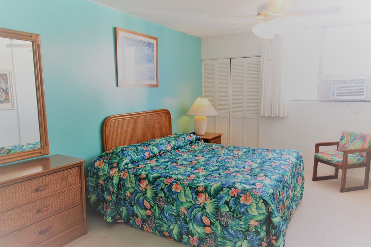 Une chambre à coucher avec un lit, une commode, une chaise et un ventilateur de plafond.