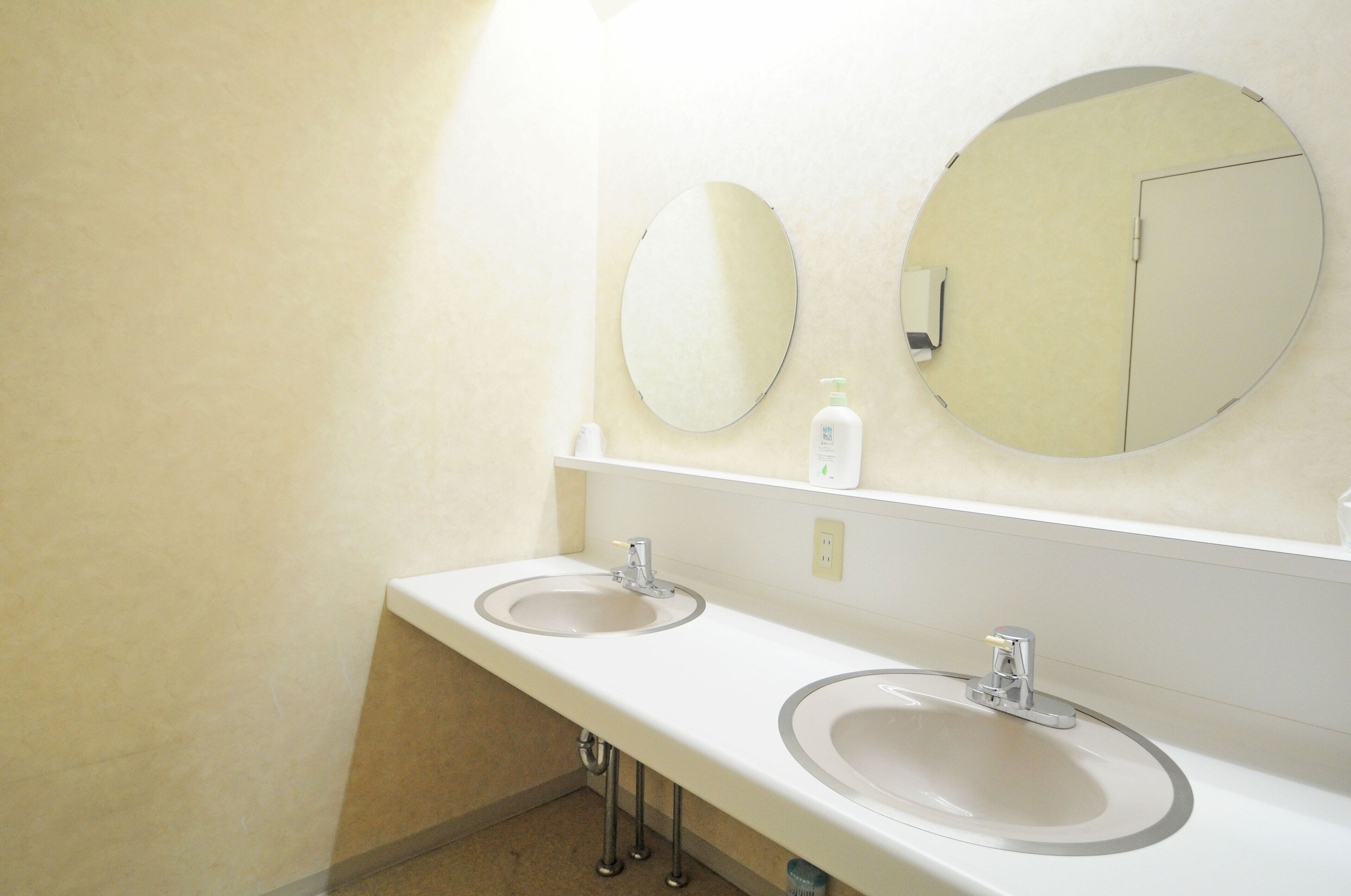 Une salle de bain avec deux lavabos, un miroir et un distributeur de savon.