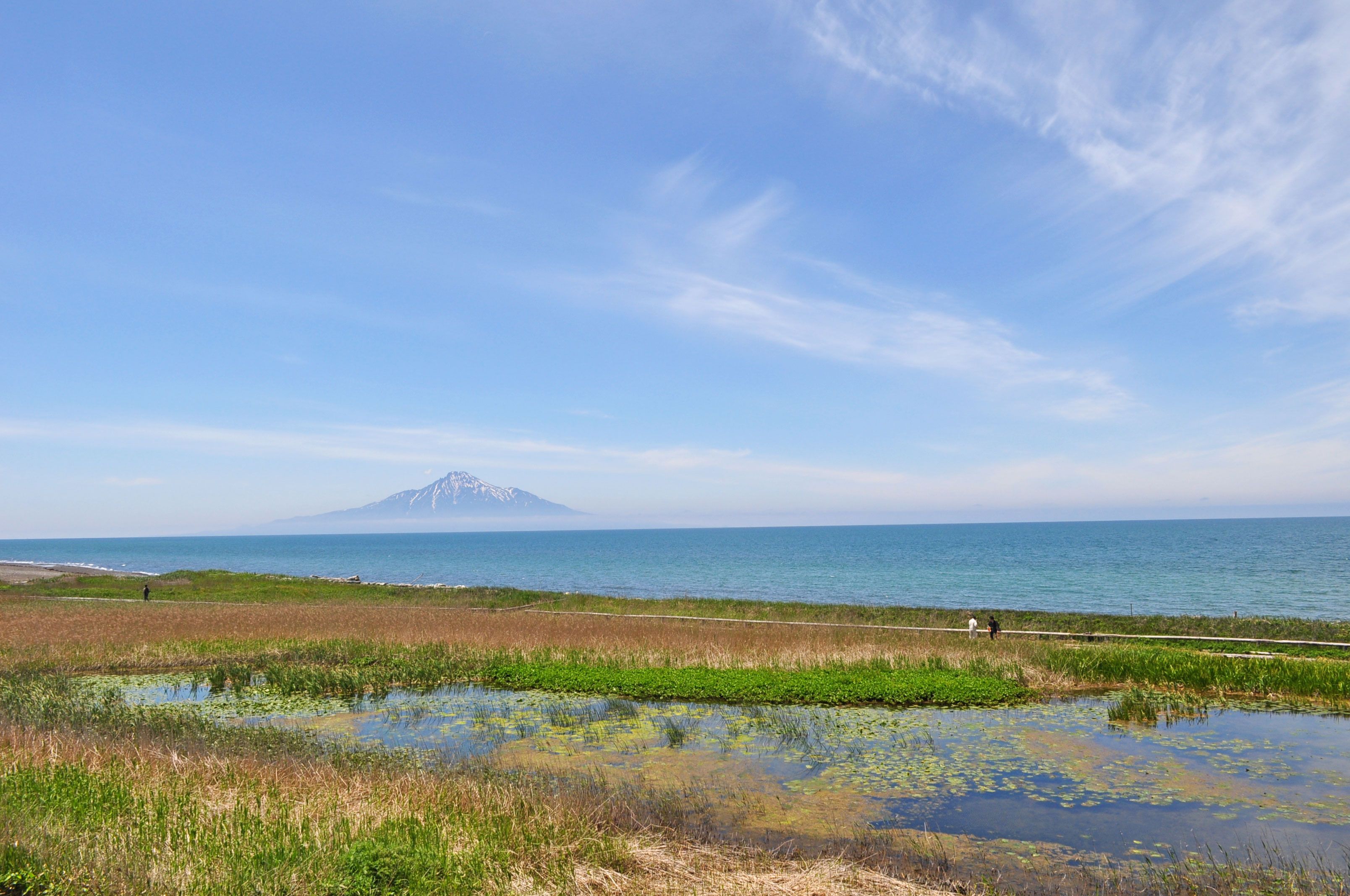 A coastal landscape with a mountain in the background, a body of water, and a grassy area with a path.
