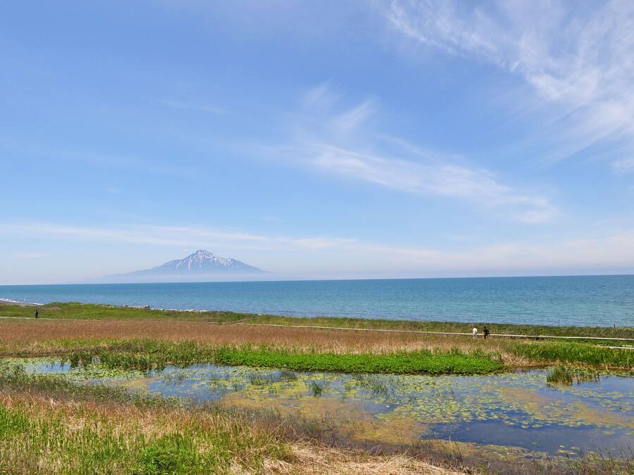 A coastal landscape with a mountain in the background, a body of water, and a grassy area with a path.