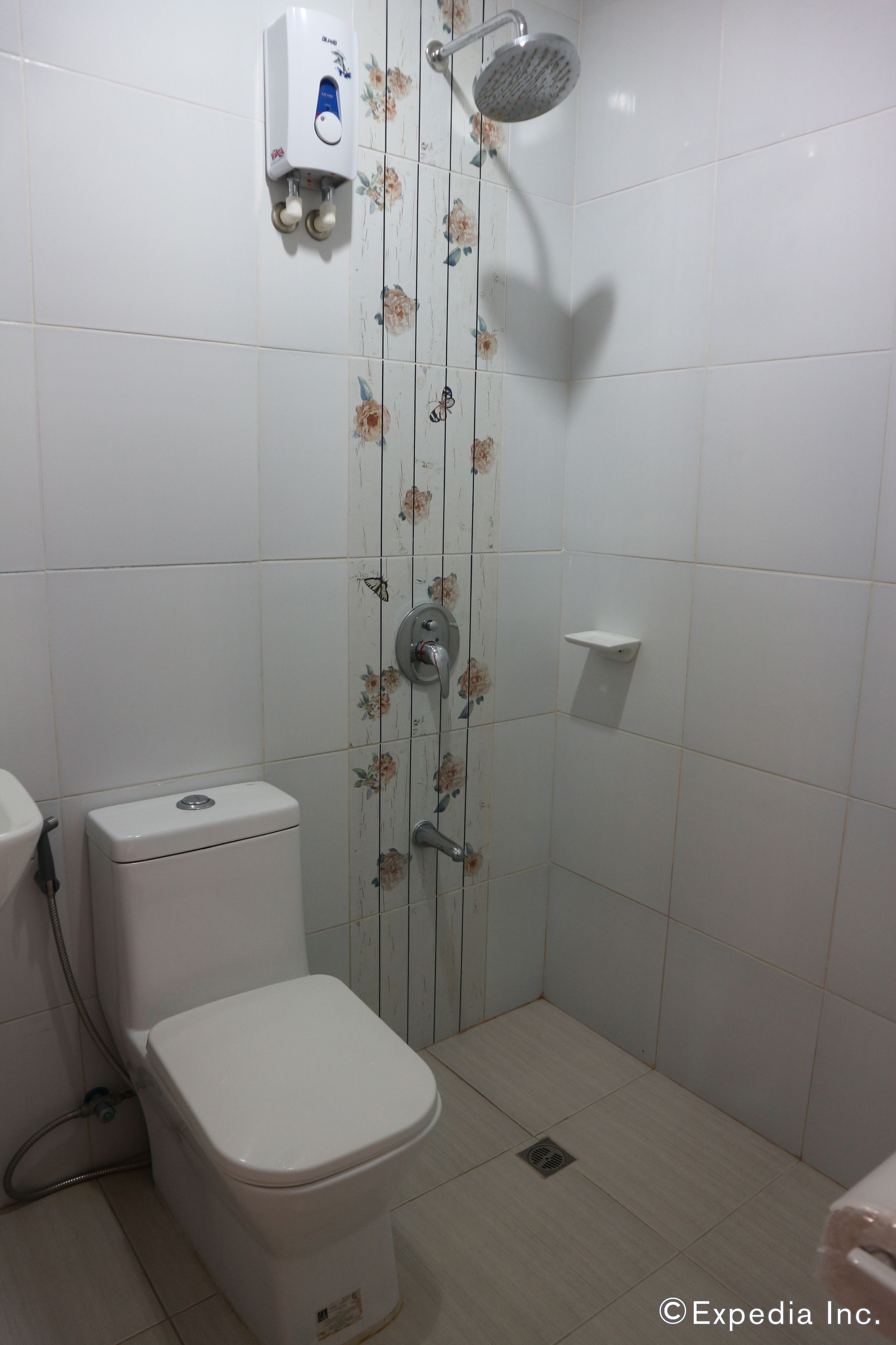 A bathroom with a toilet, a shower with a handheld showerhead, and a soap dispenser.